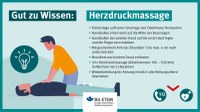 Eine Herzdruckmassage ist in Notfallsituationen lebensrettend!  Umso wichtiger ist es, dass Sie Ihre Beschäftigten regelmäßig über lebensrettende Sofortmaßnahmen wie die Herzdruckmassage informieren: Im Falle eines Herz-Kreislauf-Stillstands ist schnelles Handeln entscheidend. Die Herz-Lungen-Wiederbelebung wird durchgeführt, wenn Bewusstlosigkeit und unregelmäßige Atmung vorliegen oder Unsicherheit darüber besteht. Bei Anwesenheit von mehreren Helfern können die Aufgaben verteilt oder abgewechselt werden, um Ermüdung zu vermeiden. In unserer Grafik zeigen wir Schritt für Schritt, wie eine Herzdruckmassage durchgeführt wird, um das Herz zu stimulieren, bis professionelle Hilfe eintrifft. Unsere Empfehlung: Organisieren Sie regelmäßig einen Erste-Hilfe-Kurs für Ihre Beschäftigten, um die lebensrettende Maßnahme zu erlernen und im Ernstfall handlungsbereit zu sein.