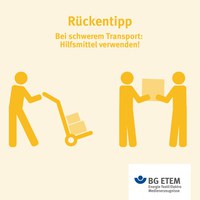 Wenn möglich, solltet ihr für den Transport von schweren Lasten ein Hilfsmittel wie beispielsweise eine Sackkarre benutzen. Ihr könnt natürlich auch einen Kollegen um Hilfe bitten.