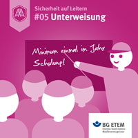 Leitern will gelernt sein: Eure Vorgesetzten unterweisen euch mindestens einmal im Jahr über die Sicherheitsvorkehrungen auf Leitern. Auch nach besonderen Anlässen z. B. beim Einsatz neuer Leiterbauarten oder nach Unfällen sollte eine Schulung erfolgen. Solche Unterweisungen beinhalten Hinweise zur bestimmungsgemäßen Nutzung, zur Bauart und zusätzlichen Gefährdungen (z. B. Witterungseinflüsse etc.).
