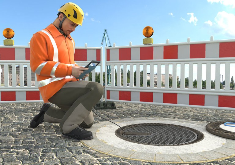 ©H.ZWEI.S Werbeagentur GmbH-DGUV. Eine durch Unterweisung oder Schulung fachkundige Person übernimmt das Freimessen. Mithilfe von Ansaugschläuchen kann die Atmosphäre weiter unten geprüft werden.