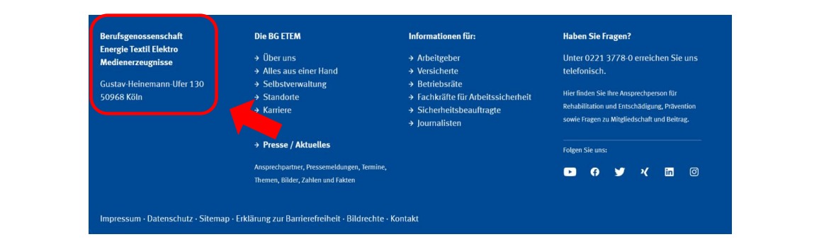 Screenshot Website Fußzeile Adresse