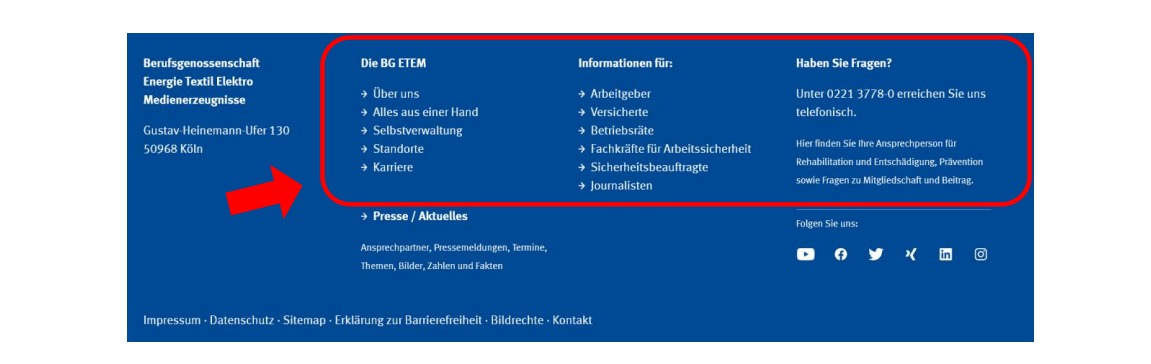 Screenshot Website Fußzeile Spalten