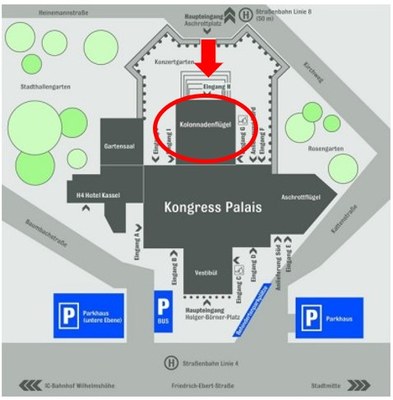 Das Bild zeigt eine Skizze des Kongress Palais Kassel als Wegweiser